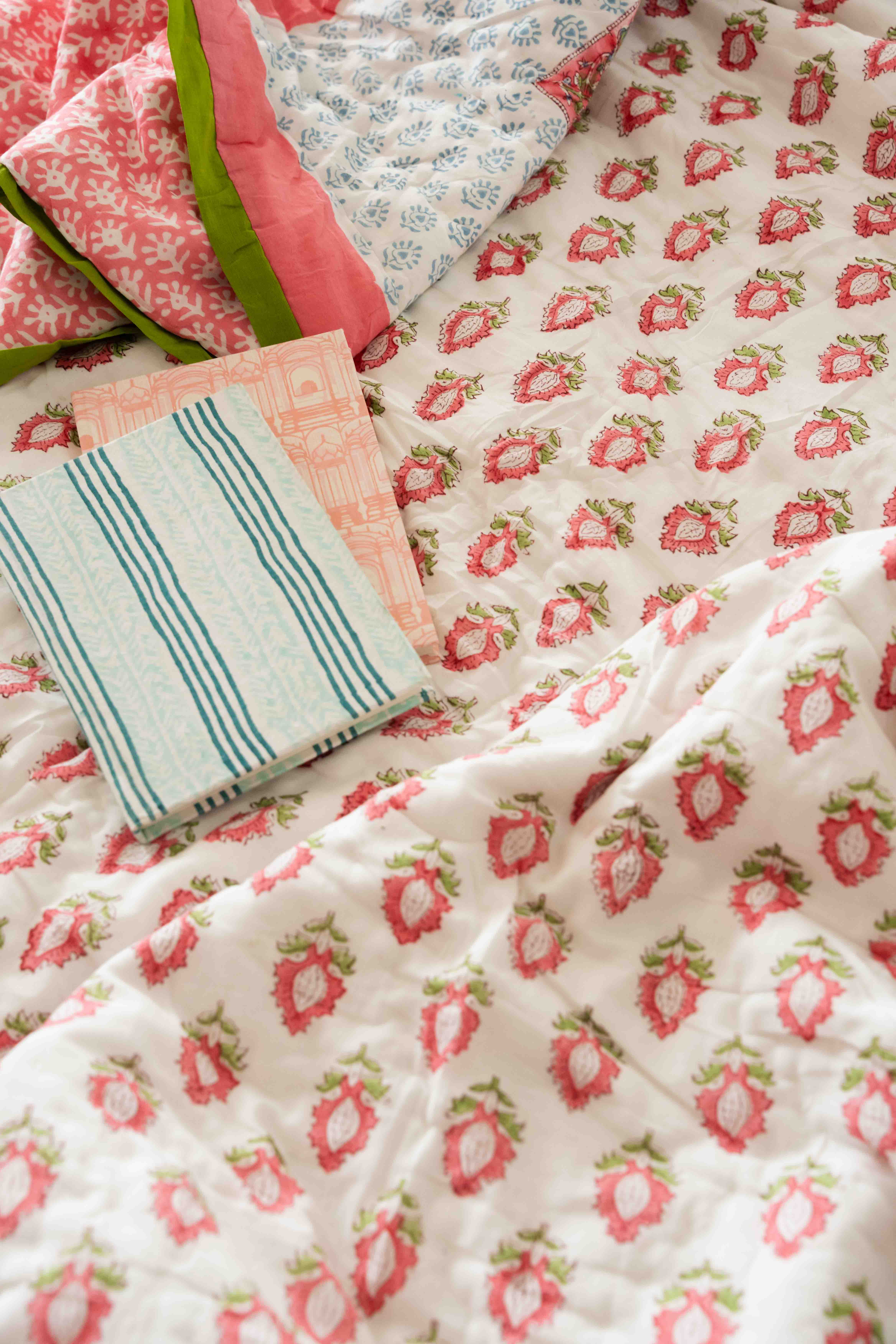Pink Buta Cotton Quilt ( AC Comforter) - Reversible Print/ Duvet/ Bedspread– Double  & Super Single Size